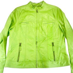 BERNARDO Womens L Lime Green Leather Moto Jacket Full Zip Pockets Waist Tabs